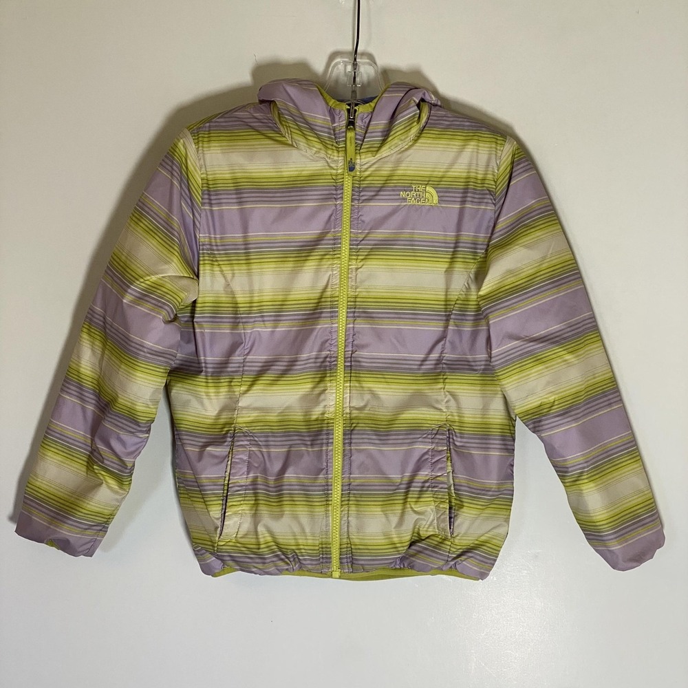 The North Face Jacket Girls Medium 10/12 Purple Striped Puffer Hooded Full Zip